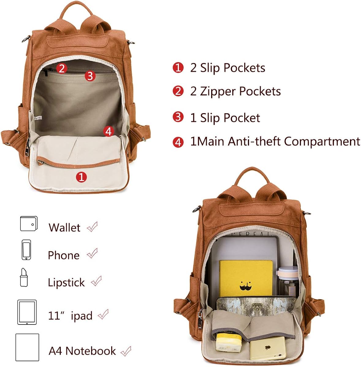 RAVUO Anti-theft Backpack,Fashion PU Leather Backpack for Women Ladies Rucksack Shoulder School Bag, M, Brown - Image 5