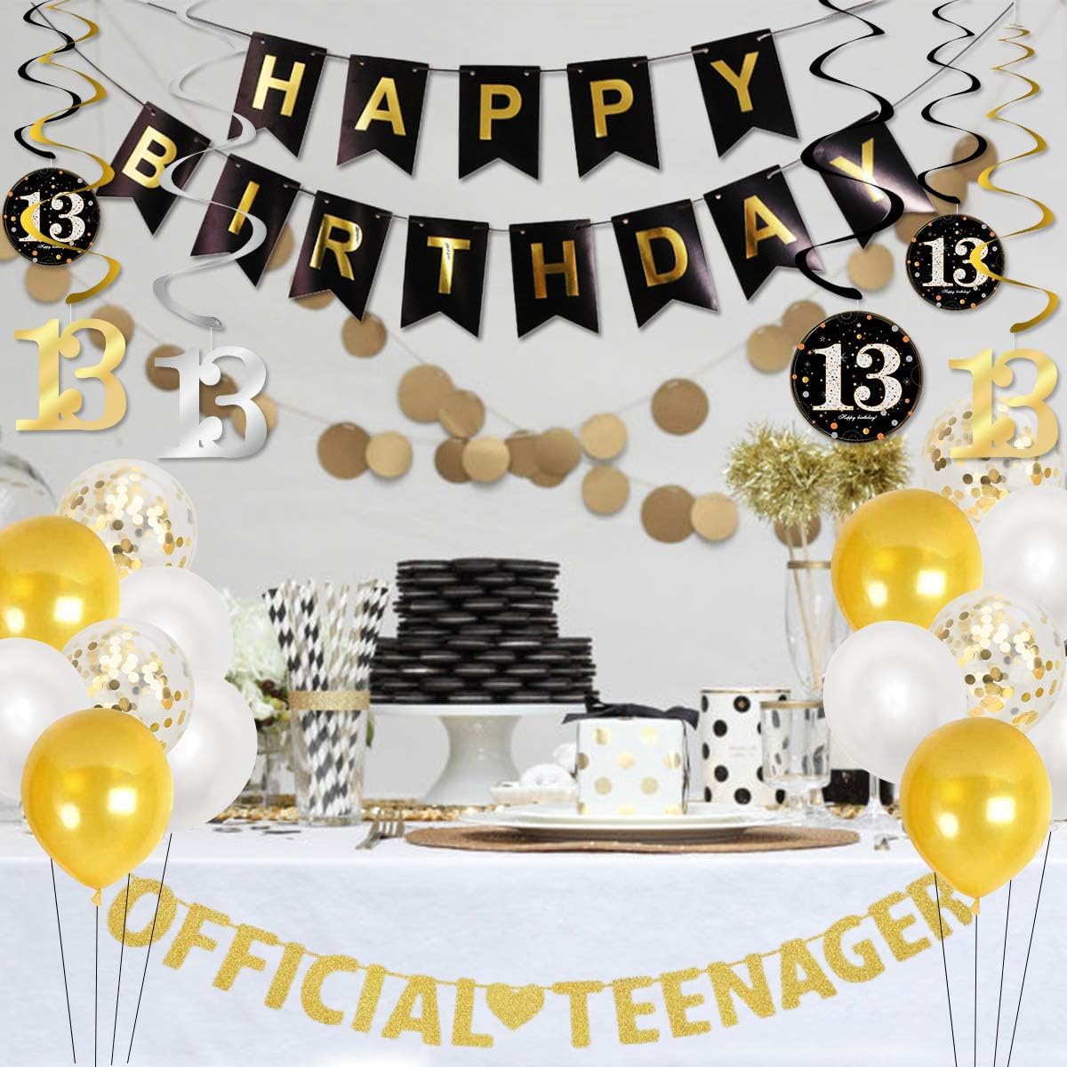 Kreatwow 13th Birthday Decorations for Boys Girls Black Gold Official Teenager Birthday Decorations 13th Birthday Balloon Teenager Banner Hanging Swirl 13 Foil Balloons - Image 4