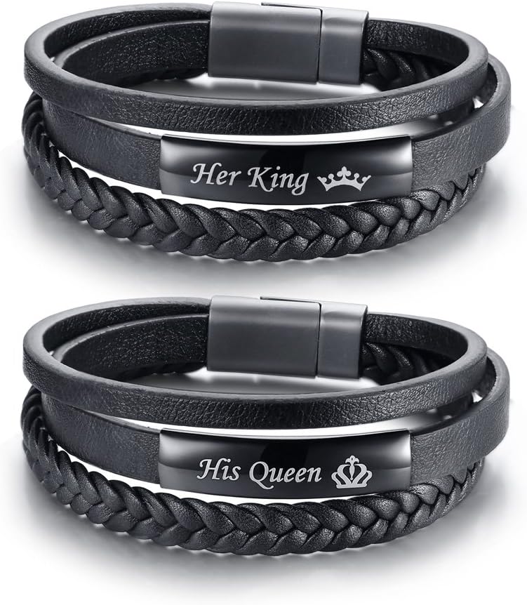 Handmade Black Braided Genuine Leather His Queen & Her King Matching Couples Wristband Bracelet