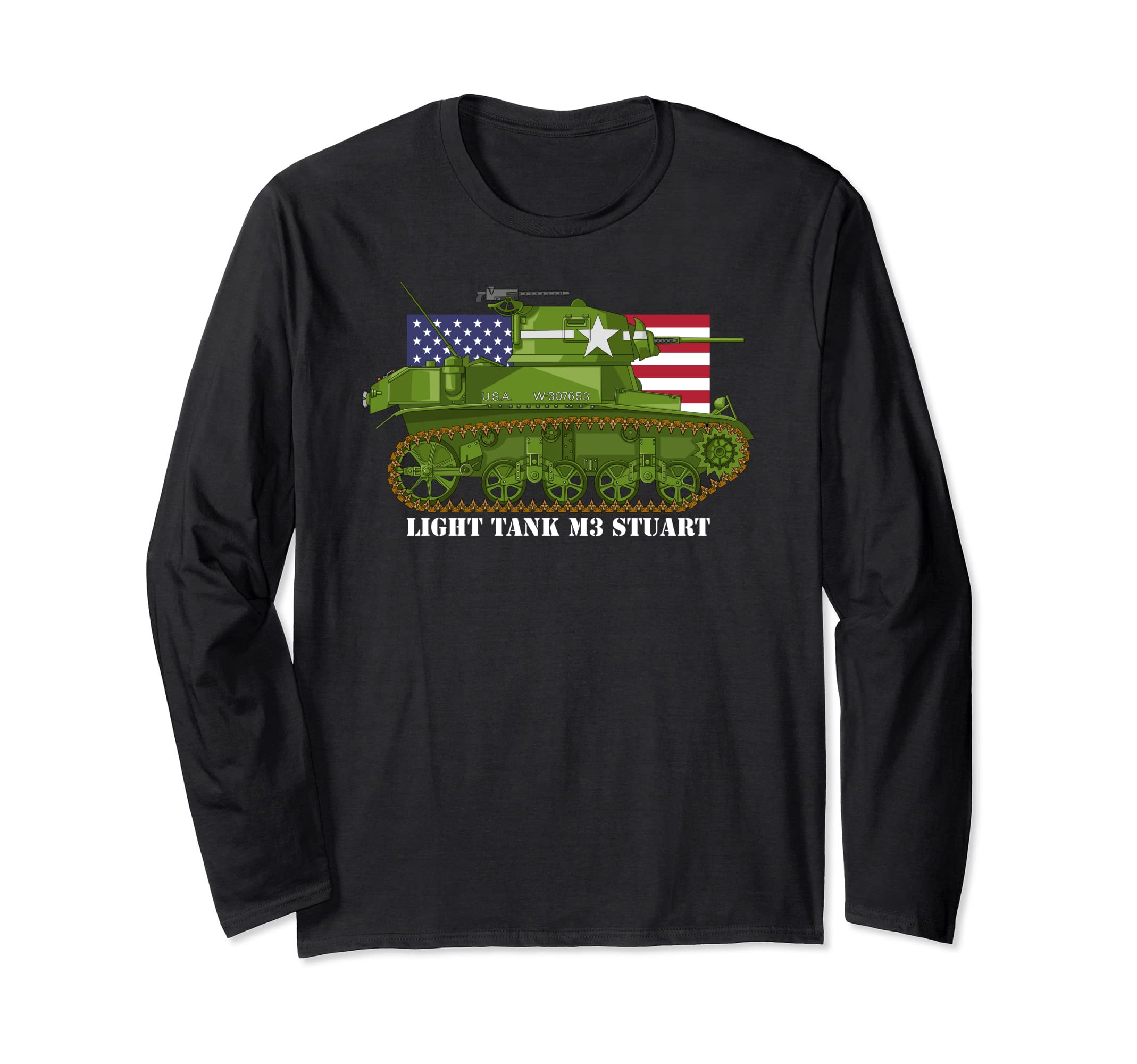 Light Tank M3 Stuart WW2 American Tanks USA Flag Long Sleeve T-Shirt