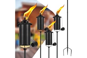 FAN-Torches Home Garden Torch Set of 4, 16oz Outdoor Metal Torch Garden Décor, 59-Inch Upgraded Citronella Torches with 3-Prong Grounded Stake, Metal Light Torches for Party Patio Pathway