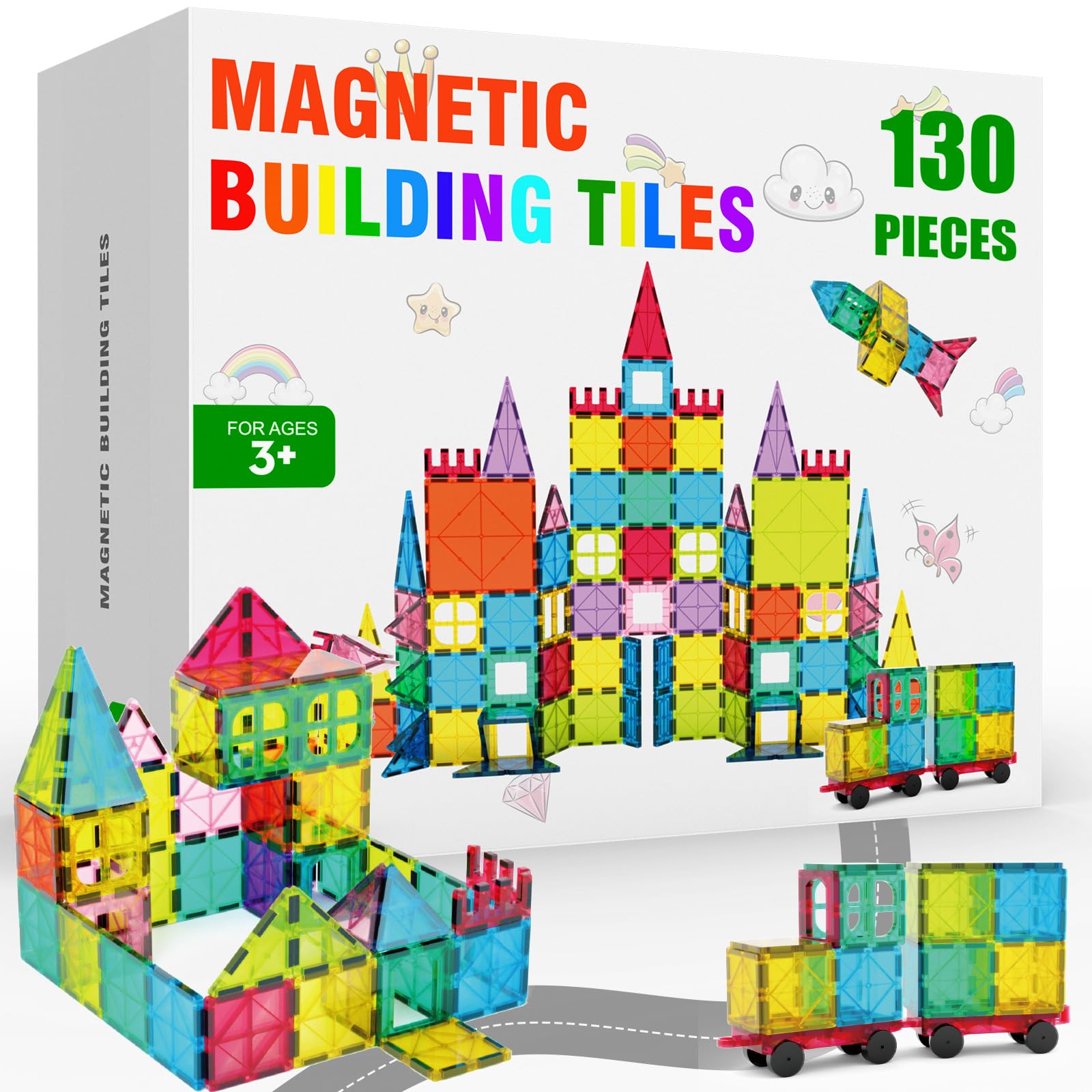 Paaxido Magnetic Tiles - 130PCS Magnetic Blocks for Kids, Magnet Tiles Building Blocks Set with 2 Cars, Construction STEM Magnet Toys Gift for Kids, Boys and Girls 3 4 5 6 7 8+ Year Old Image