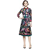 LAI MENG FIVE CATS Women's Long Sleeve Floral Print Button up Casual A-line Flowy Midi Dress