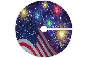 SUABO 4th of July Christmas Tree Skirt Blue Fireworks, Soft Xmas Tree Mat Carpet Rugs Round Cover for Party Independece Day Decorations Indoor Outdoor 48 Inch
