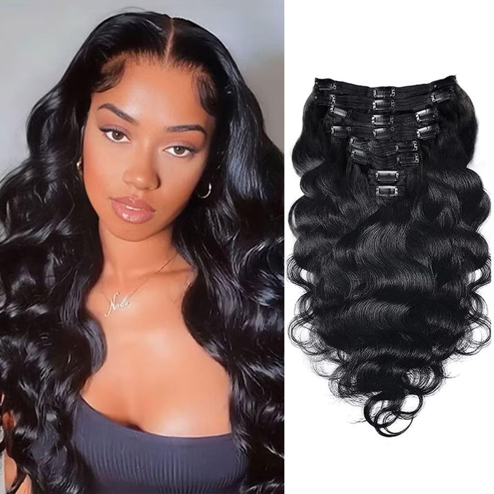 Brazilian Virgin Body Wave Clip in Hair Extensions 8Pcs/lot 120g With 18 Clips Body Wave Clip in Hair Extension Real Human Hair Natural Black Color For Black Women (24Inch) — image 1