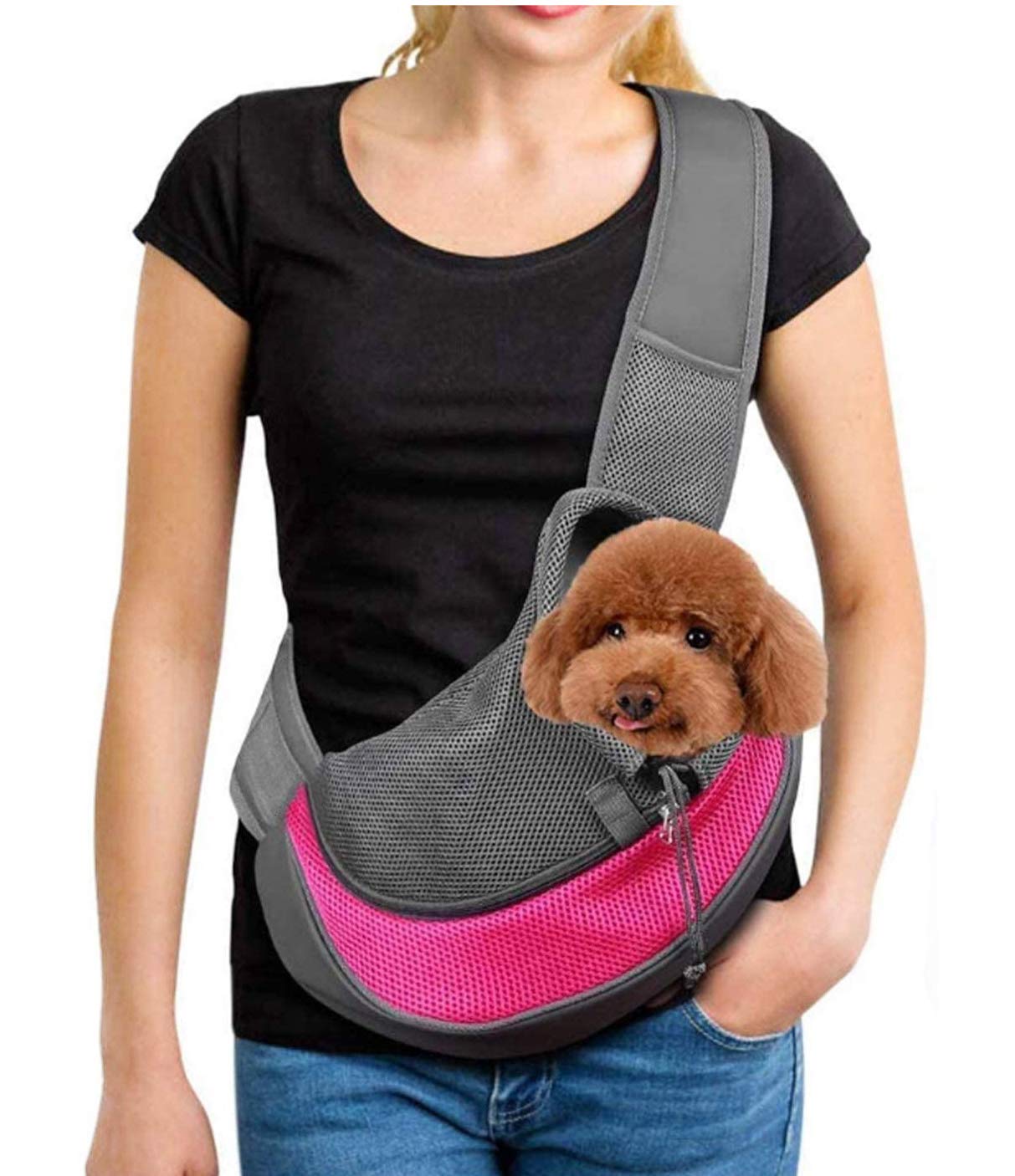 Small Dog Puppy Sling Carrier, Hands-Free Cat Carry Bag Mesh Pet Dog Papoose Pouch Tote Adjustable Padded Shoulder Pet Sling with Pocket & Collar Hook Pet Safety Carrier for Daily Walking Subway,L