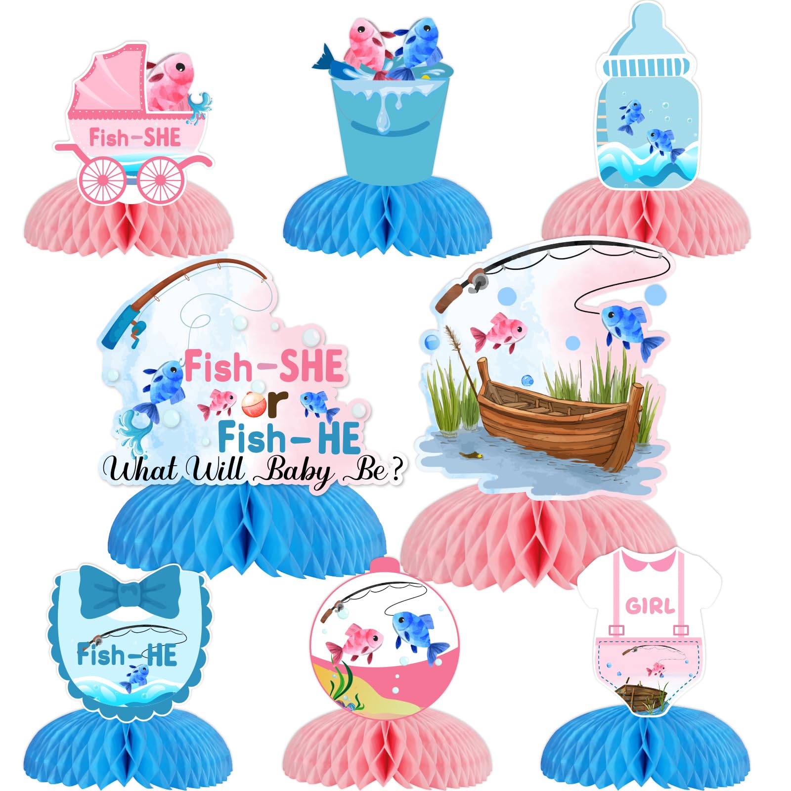 Photo 1 of Fangleland 8Pcs Gender Reveal Honeycomb Centerpieces, Fish He or Fish She Gender Reveal Decorations Baby Shower 3D Table Decorations Blue Pink Boy or Girl Gender Reveal Party Decor