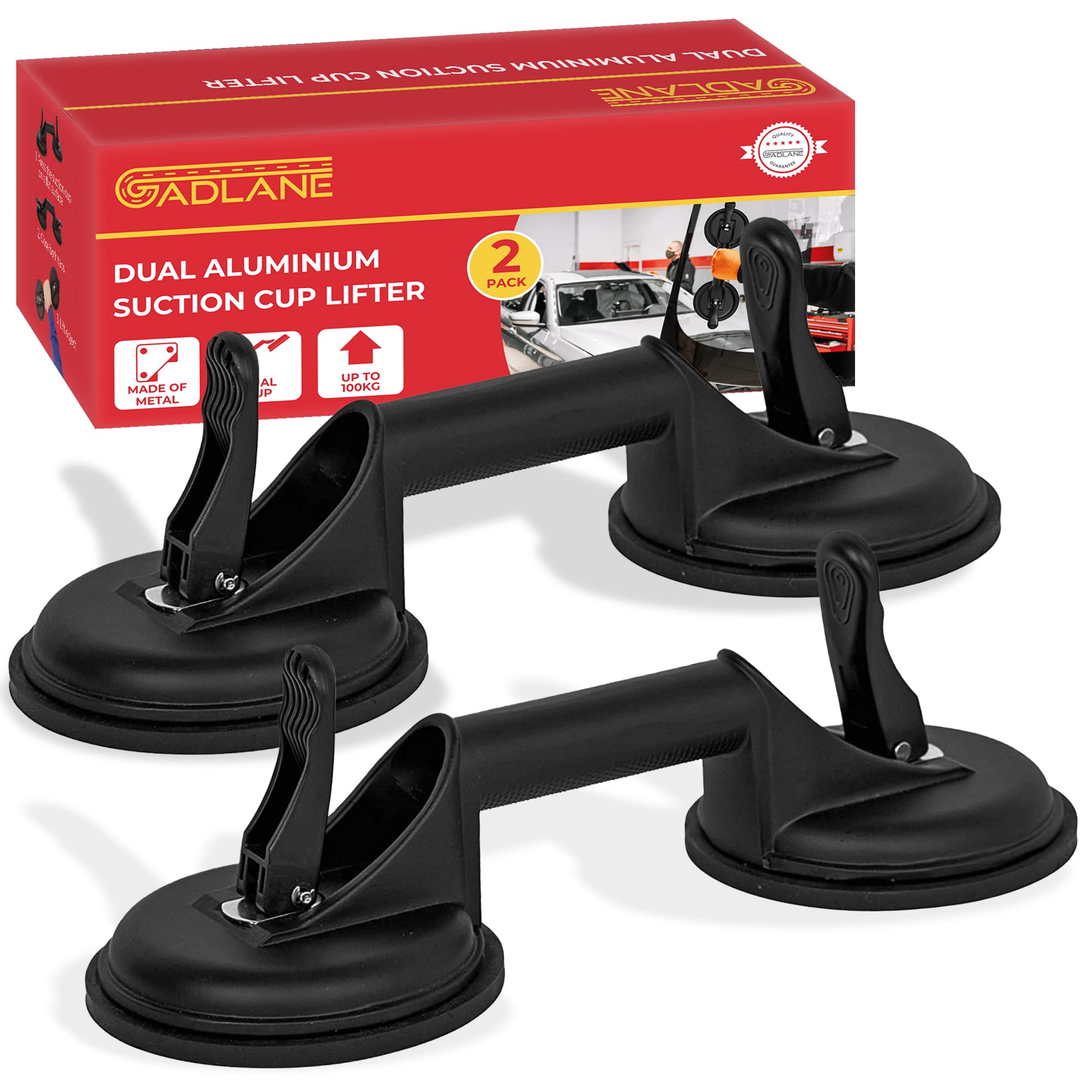 GADLANE Dual Aluminium Suction Cups Heavy Duty - 2 Pack Suckers for Glass, Tiles, Slabs - Twin Glass Suction Cups Up To 100kg of Elevation - Glass Suckers Lifters 11.9cm Diameter - Black (Pack of 2)