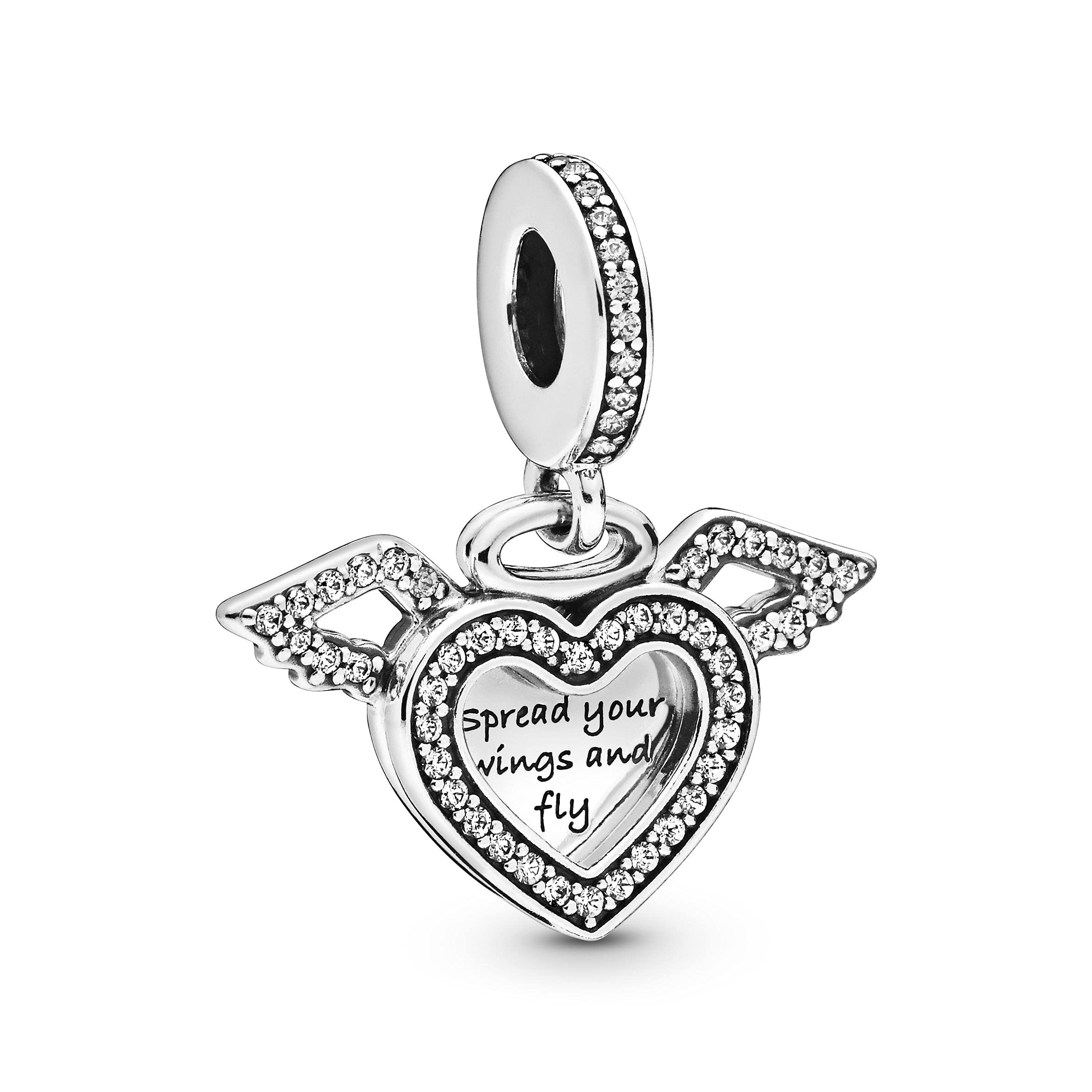PANDORA Moments Women's Sterling Silver Heart and Angel Wings Cubic Zirconia Dangle Charm for Bracelet, No Box