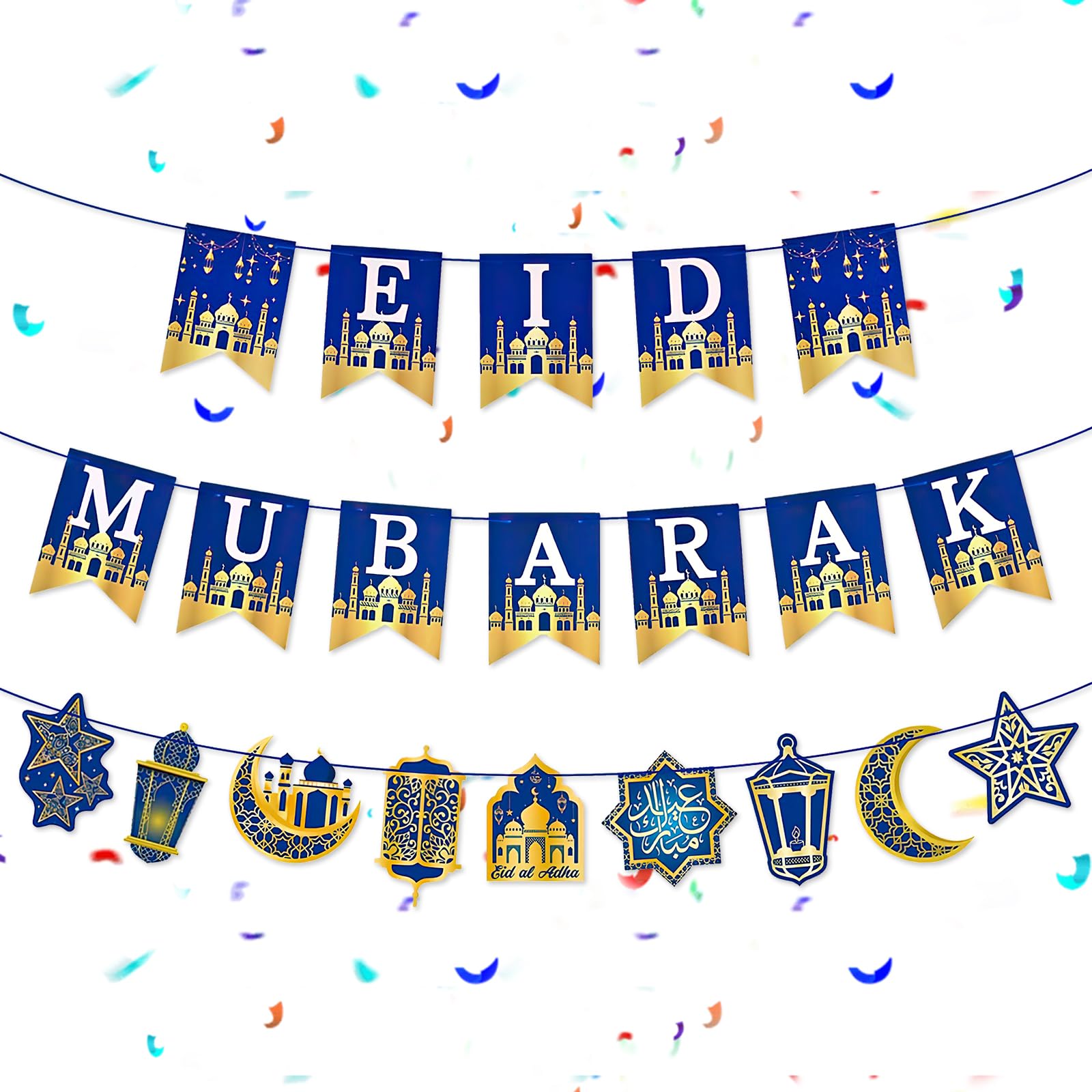 Eid Mubarak Banner for Home, Eid Mubarak Decorations Banner Bunting, Ramadan Decorations, Muslim Fireplace Decoration Banners, for Muslim Home Door Garden Indoor Outdoor Festival Party Decor Supplies