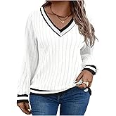 OYOANGLE Women's Plus Size Striped Trim V Neck Fuzzy Sweater Long Sleeve Ribbed Sweaters 2025 Fall Fashion