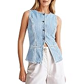 Tankaneo Womens Button Down Denim Vest Trendy Fitted Sleeveless Jean Tank Tops Crew Neck Waistcoat