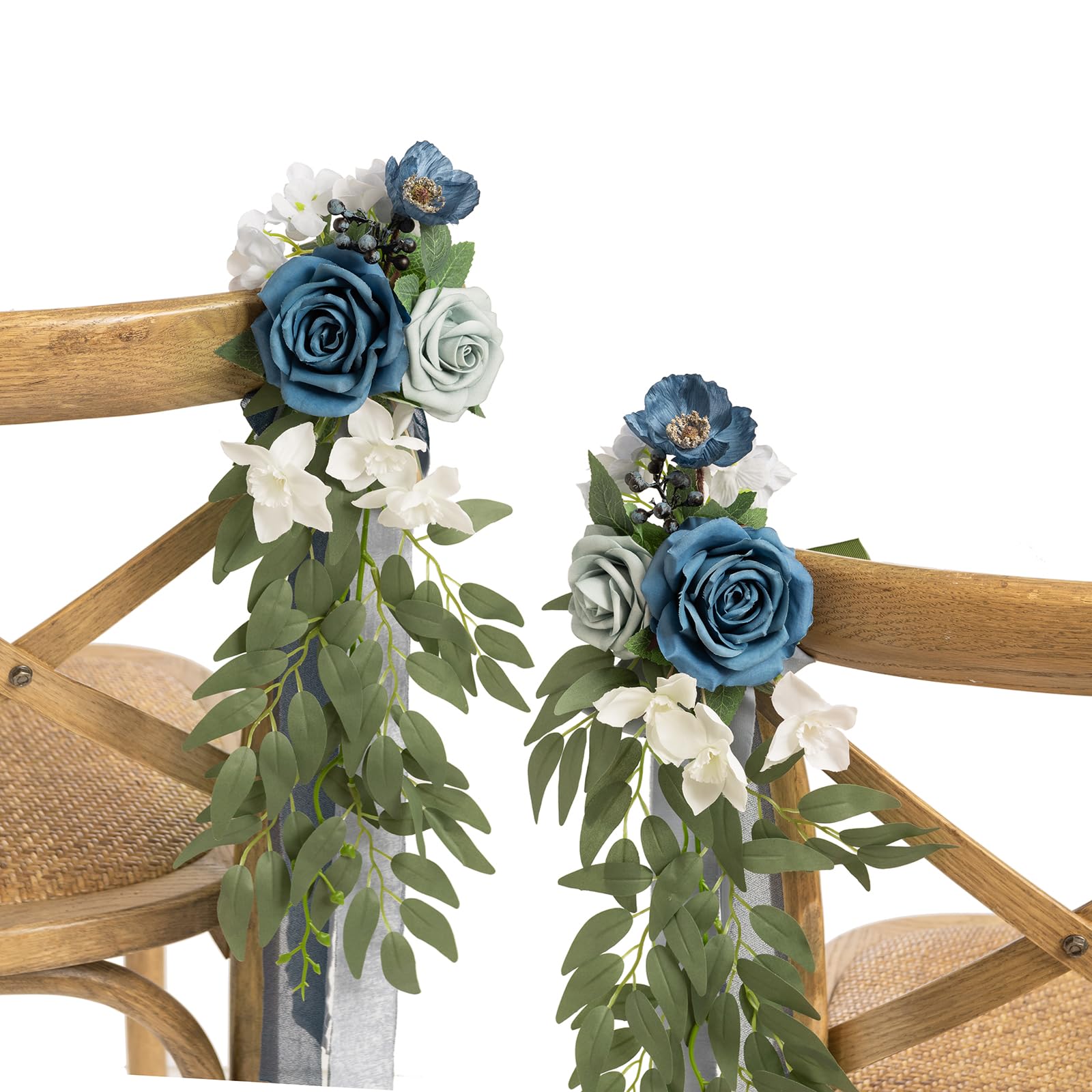 Photo 1 of Ling's moment 8pcs Wedding Artificial Aisle Pew Flowers Chair Decorations Arrangements with Chiffon Ribbons Dusty Blue & Navy for Ceremony Chair Back Floral Decor Reception Church Party Outdoor