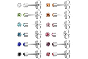 12 Pairs Ear Piercing Stud Earrings, Surgical Stainless Steel Multicolor Cubic Zirconia Birthstone Stud Earrings for Ear Pier