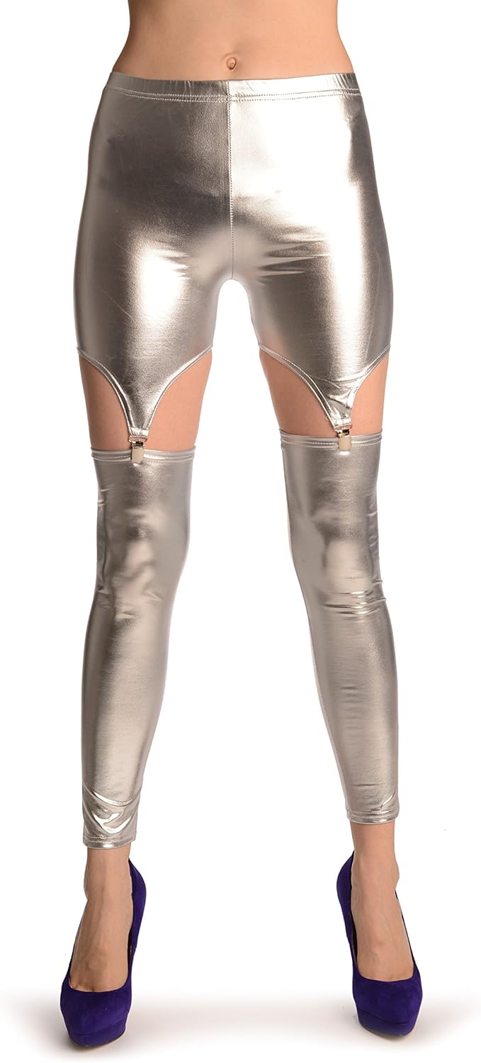 Silver Faux Leather Suspender Clip On Leggings Leggings at Amazon Women’s Clothing store