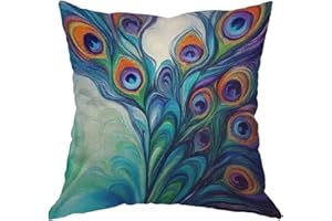 Moslion Peacock Feather Pillow Case Home Decorative Oil Painting Feathers White Blue Pink Throw Pillow Case 18" x 18" Inch Cotton Linen Cushion Cover for Men Women Green Purple