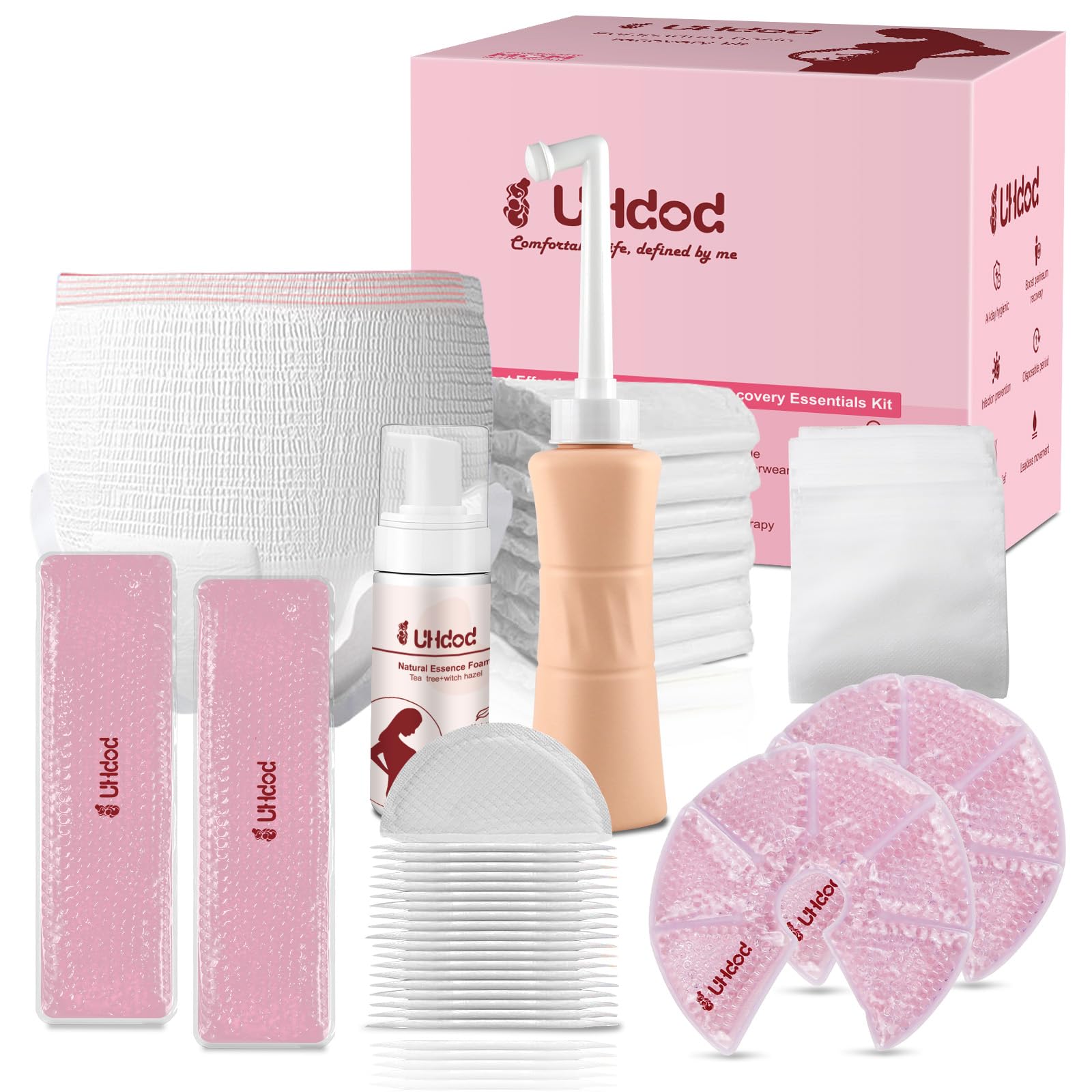 Photo 1 of UHdod Postpartum Essentials Recovery Kit, Postpartum Kit for Women After Birth Labor Delivery Postpartum Care Kit, Disposable Underwear Cold Pads Cooling Foam Peri Bottle Nursing Pads Breast Ice Packs
