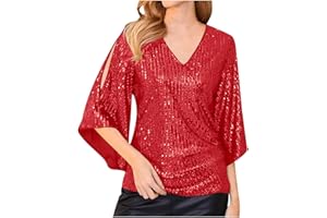 SINZELIMIN Womens Sequin Shirts 3/4 Sleeves V-Neck Glitter Sparkly Party Blouse Tops Dressy Shirts T-Shirt for Evening Party