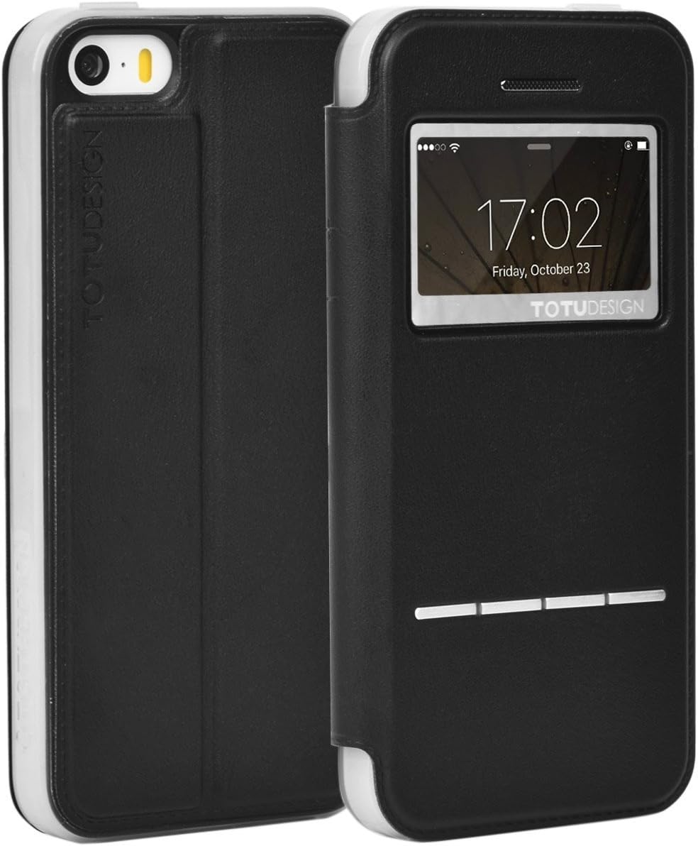 Slide to Answer Case iPhone5/5S/5SE Case, Chaldean Premium PU Leather Flip Case for iPhone 5s Black