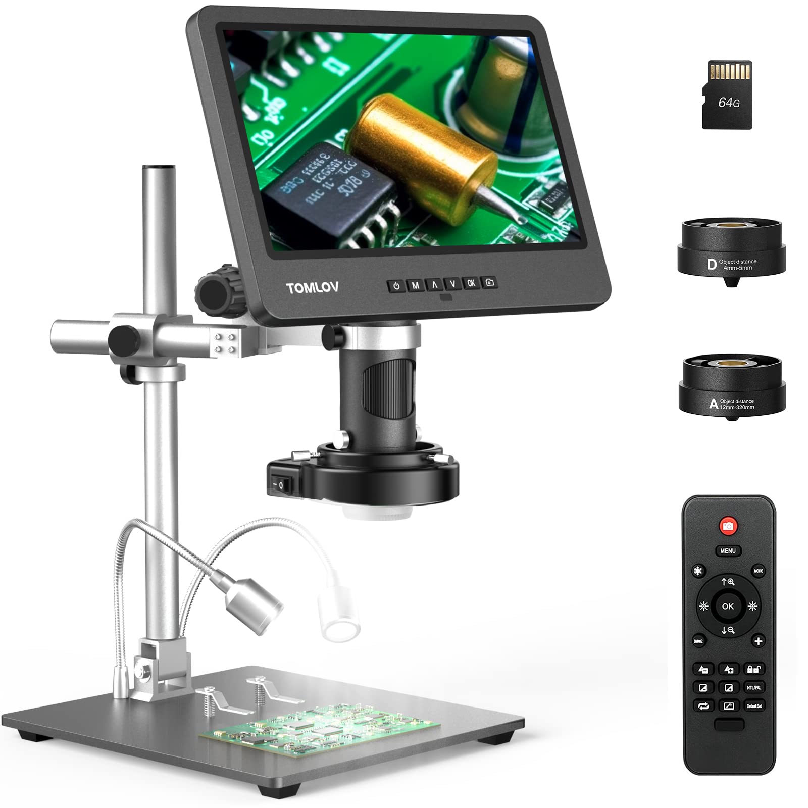 TOMLOV DM602 Pro 10.1" HDMI Digital Microscope 2000x, Pro Boom Arm Stand, LCD Soldering Microscope with 3 Lens, Adults Scope for Electronics Repair, Coin Magnifier Ring Light, PC Compatible, 64G