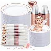BESTVIP 350PCS Rose Gold Plastic Dinnerware Set, Disposable Party Plates for 50 Guests, Include: 100 Plastic Plates, 50 Pre Rolled Napkins with Rose Gold Silverware, 50 Cups for Christmas, Halloween