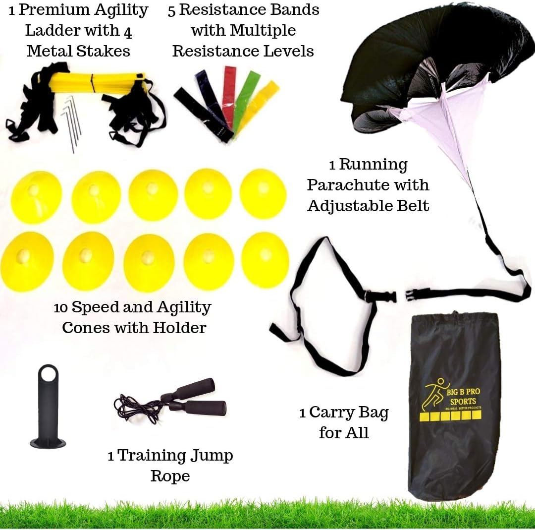 Big B Pro Sports Speed Agility Training Set - Includes Ladder, 10 Cones with Holder, Running Parachute, Jump Rope, Resistance Bands - for Training Football, Soccer, Hockey, and Basketball Athletes. : Sports & Outdoors