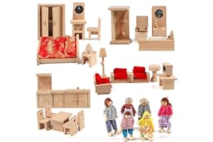 Wondertoys Dollhouse Furniture Accessories Family Doll Set 5 Set 33Pcs Wooden Bathroom/ Living Room/ Dining Room/ Bedroom/ Ki