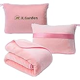 Travel Cooling Blanket and Pillow- Soft 2 in 1 Airplane Compact Flight Essentials Car Pillow Travelers Gifts Accessories Compact Pack Blanket for Any Travel with Luggage Backpack Strap,Pink