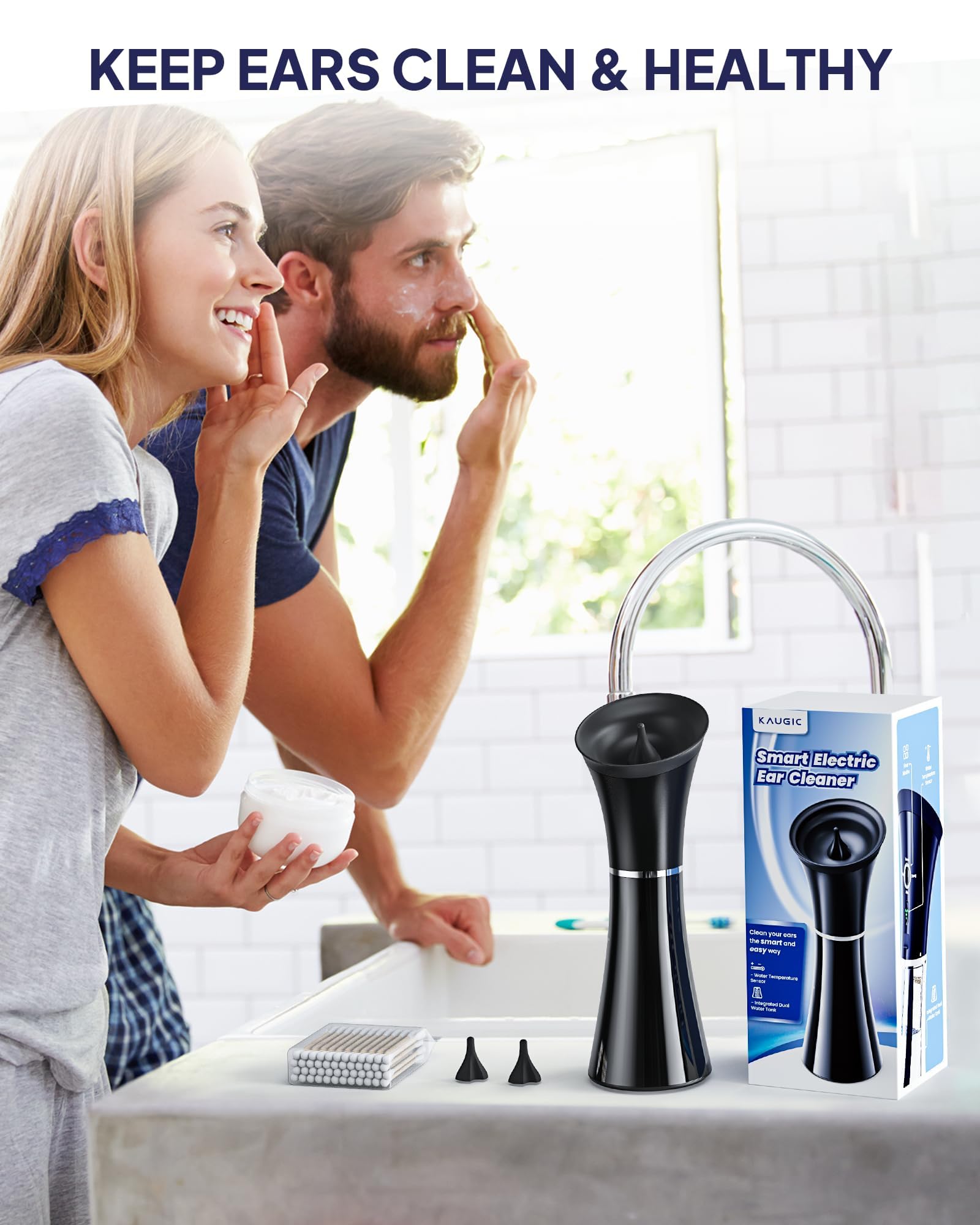 KAUGIC Upgraded Ear Wax Removal with One-Piece Waste Tank, Safe Cleaner with Water Temperature Sensor, Effective Ear Irrigation Kit & USB-A to C Cable, IPX7, Black