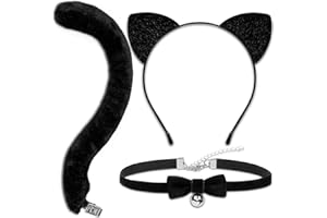 MUKOSEL Cat Ears Headband and Tail Bell Collar Set, Cat Costumes for Women Black Cat Ears and Tail Set, Cat Costume Accessories Halloween Party Cosplay Costumes Set for Adults Women