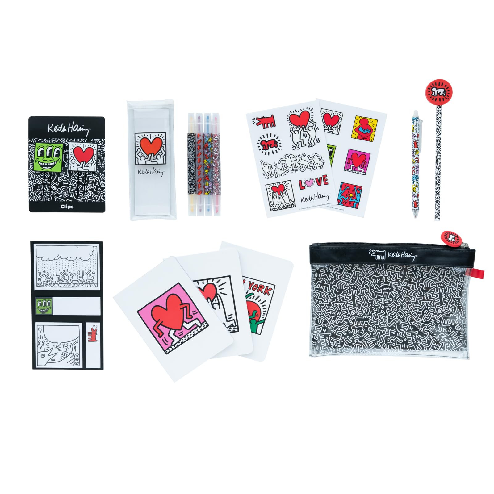 Grupo Erik Stationery Set - Keith Haring | Pencil Case With A6 Notebooks, Highlighters, Sticky Notes, Paper Clips, Stickers, Pen, Pencil | Graffiti Art Gifts