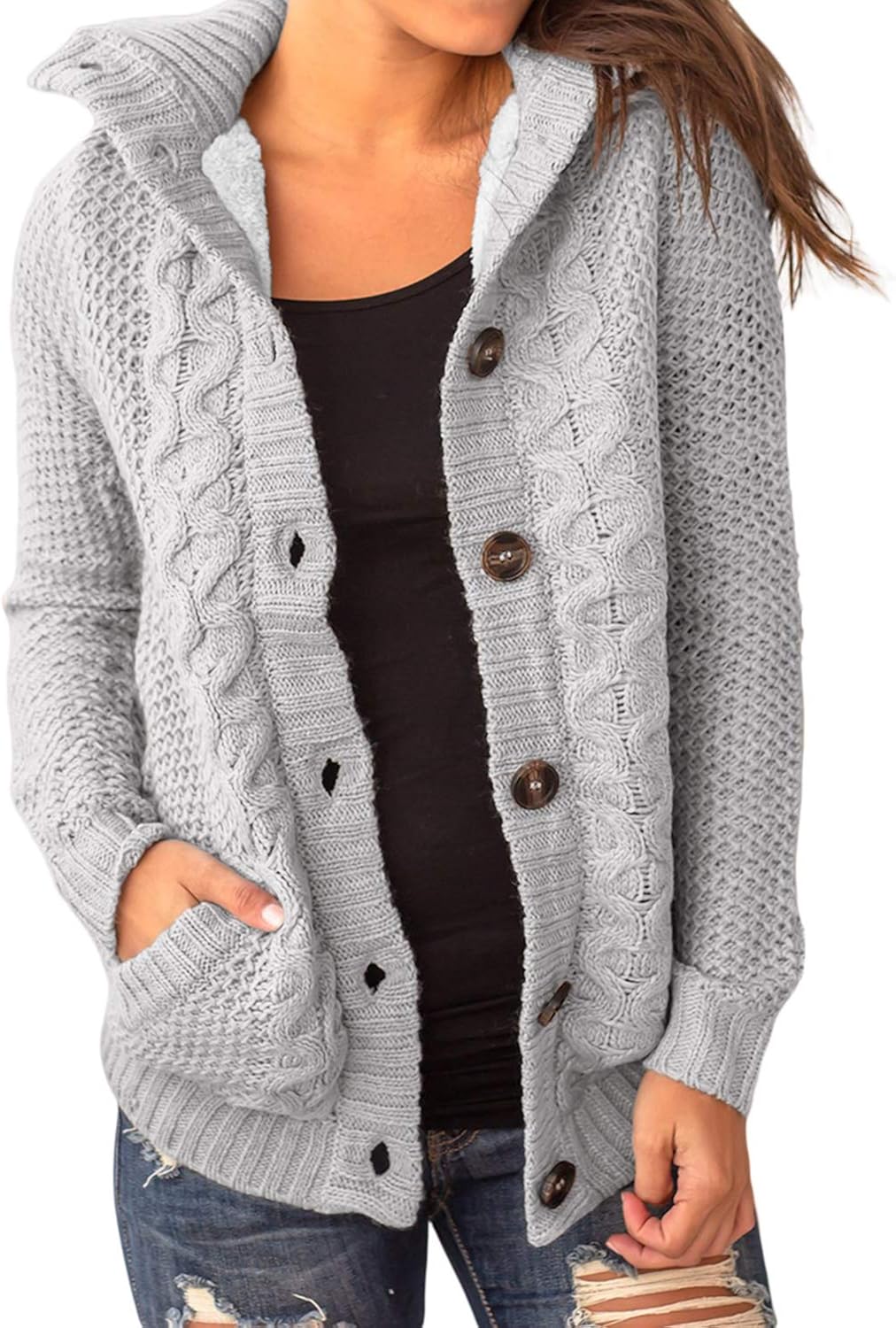 Sidefeel Women Hooded Knit Cardigans Button Cable Sweater Coat