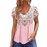 Womens Summer Tops Trendy Lace Trim V Neck Tunic Shirts Casual Petal Sleeve Pleated Front Button Blouses
