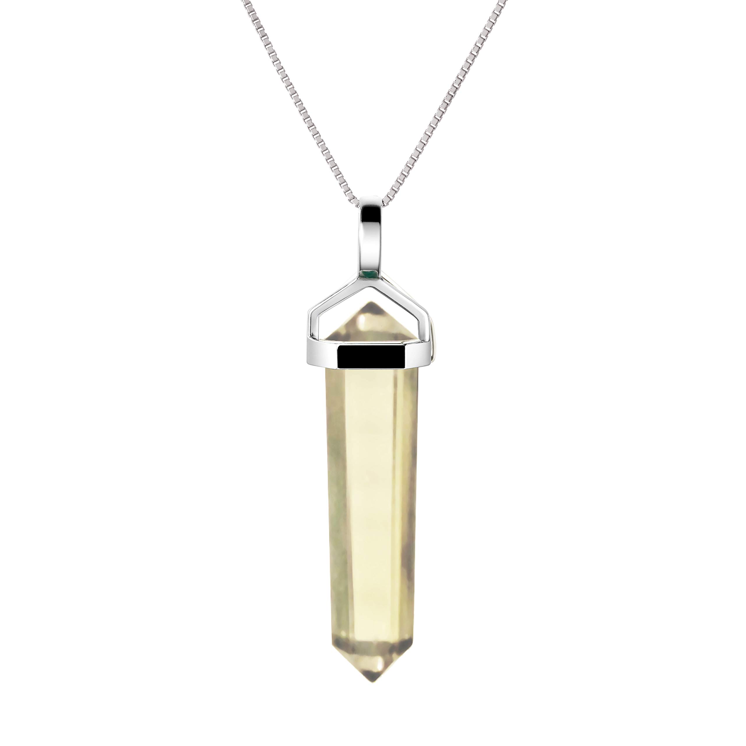 Franki Baker Natural Lemon Quartz Gemstone & Sterling Silver Double Point Pendant Necklace. Pendant Length: 4cm. Chain Length: 50cm