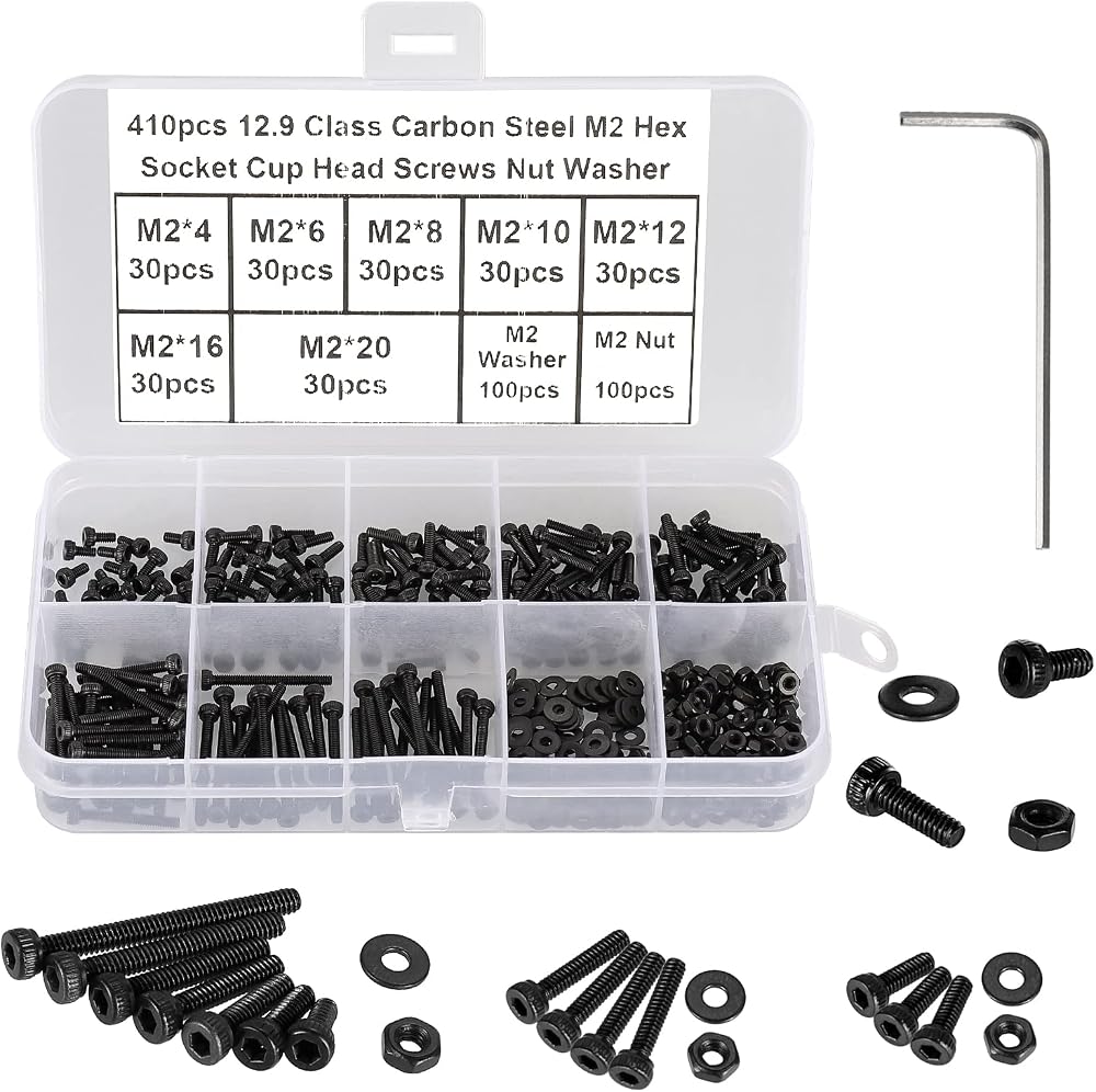 FandWay 410Pcs M2 Bolts Nuts Set DIN912 Hex Socket 12.9 Alloy Black