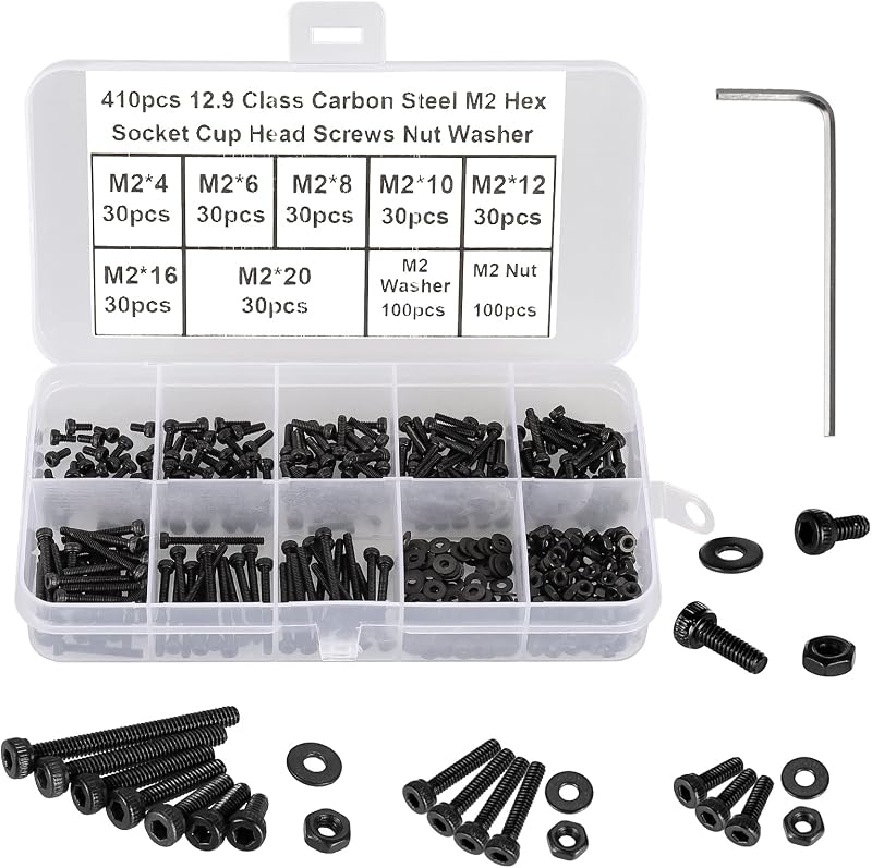 FandWay 410Pcs M2 Bolts Nuts Set DIN912 Hex Socket 12.9 Alloy Black