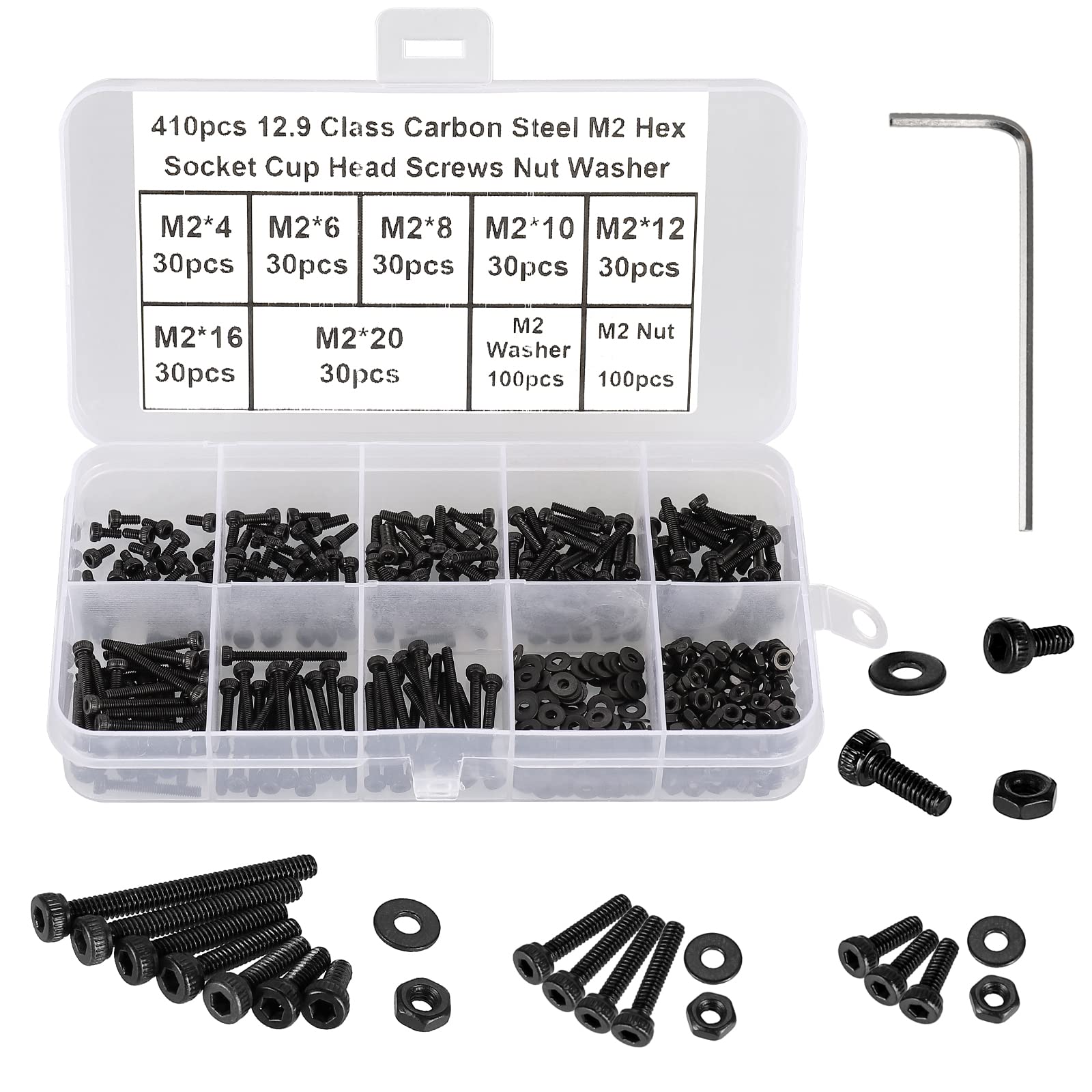 FandWay 410Pcs M2 Bolts and Nuts Set,Hex Socket Cap Head Machine Screws,DIN912 Allen Screws,Black Bolts and Washers Set 12.9 Grade Alloy Steel Fully Threaded With 1 Allen Key. — image 1