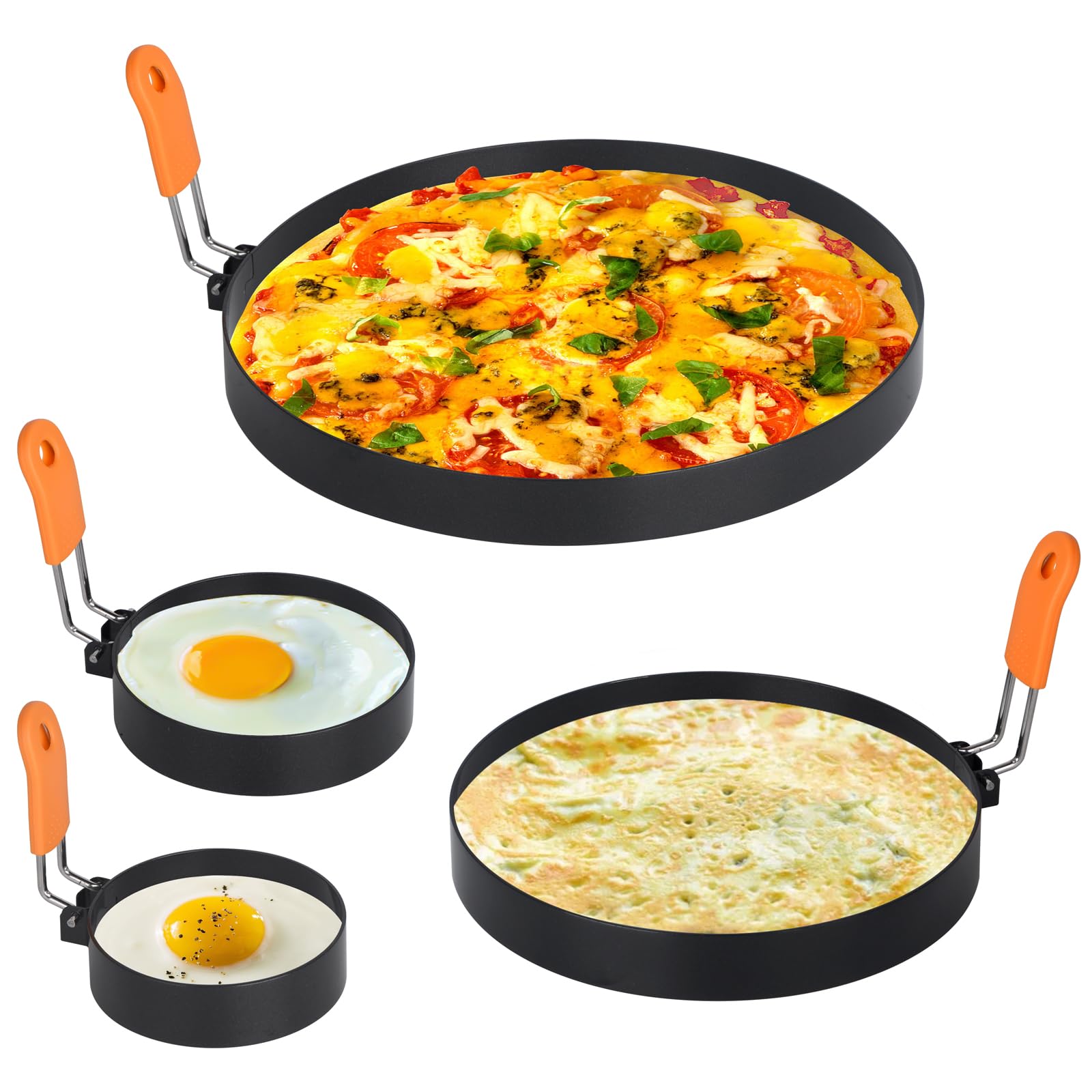 Photo 1 of Hhyn Egg Rings for Griddle Frying Eggs Upgraded 4 Packs, Pancake Shapers with Orange Silicone Handle Non-stick Egg Molds for cooking Breakfast Omelette Sandwiches (3", 3.5", 6", 8")