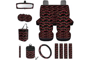 Wanyint Cherry Black 15 Pcs Car Seat Cover Full Set with Auto Steering Wheel Cover Seat Belt Strap Pads Cup Coasters Trash Bag Air Vent Storage Bag Rearview Mirror Cover Keychain Auto Interior Decor