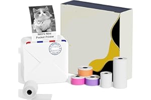 Ponek Mini Inkless Sticker Thermal Printer, M02S Bluetooth Sticky Note Printer Wireless for Photo, Notes, Journal, DIY, Work List, with 1pcs 53mm Paper, 2pcs 25mm Paper, 3pcs 15mm Paper, White