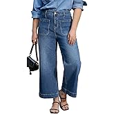 Eytino Plus Size Jeans for Curvy Women High Waisted Wide Leg Stretchy Straight Leg Ankle Denim Pants with Pockets(1X-5X)