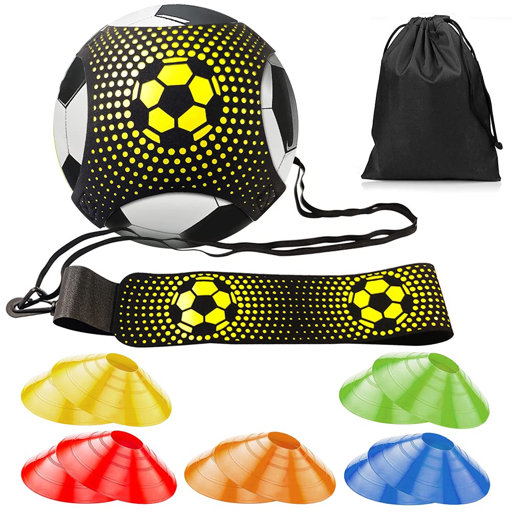 Toxin Football Kick Trainer, Football Training Equipment Soccer Training Aid Football Skills Improvement Solo Practice for Kids & Adults Hands Free Universal Fits 3 4 5 Footballs (with 10 pcs Cones)