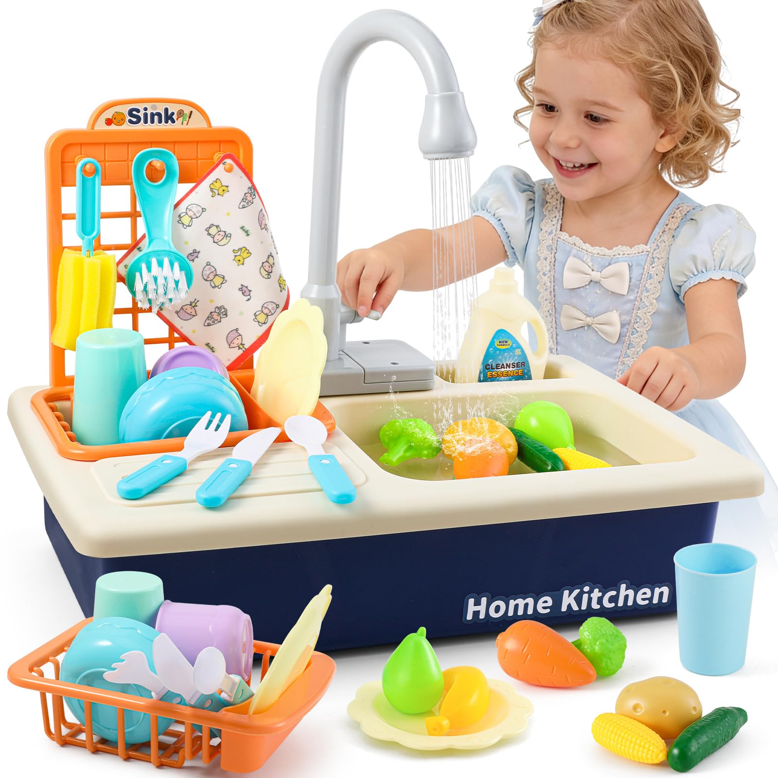 Mini Tudou Play Kitchen Sink Toy with Running Water for Kids, Upgraded Faucet with Automatic Water Cycle System, Electric Dishwasher, Pretend Role Play Toy for Toddlers Girls Boys 3+ Blue