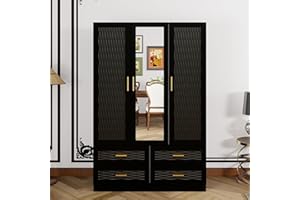 Keloyid Wooden Tall Armoire Wardrobe Closet with 3 Doors: Hanging Rods 4 Drawers Mirror Shelving for Bedroom Armoire Large Capacity Clothes Storage Cabinet Black