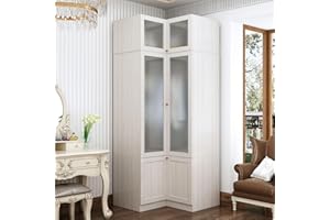 MOUMON Corner Wardrobe Closet with 2 Acrylic Doors, Armoire Wardrobe Closet with Hanging Rod, Top Cube Storage, Closet for Bedroom Wood Grain (16.3+19.1”W x 19.1+16.3”D x 86.6”H)