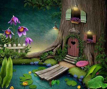 Amazon フェアリーテイルツリーハウス 漫画の背景 子供用 誕生日パーティー 池と水ユリ 子供 写真スタジオ背景 ファンタジー 10x8フィート バックペーパー 背景布 通販
