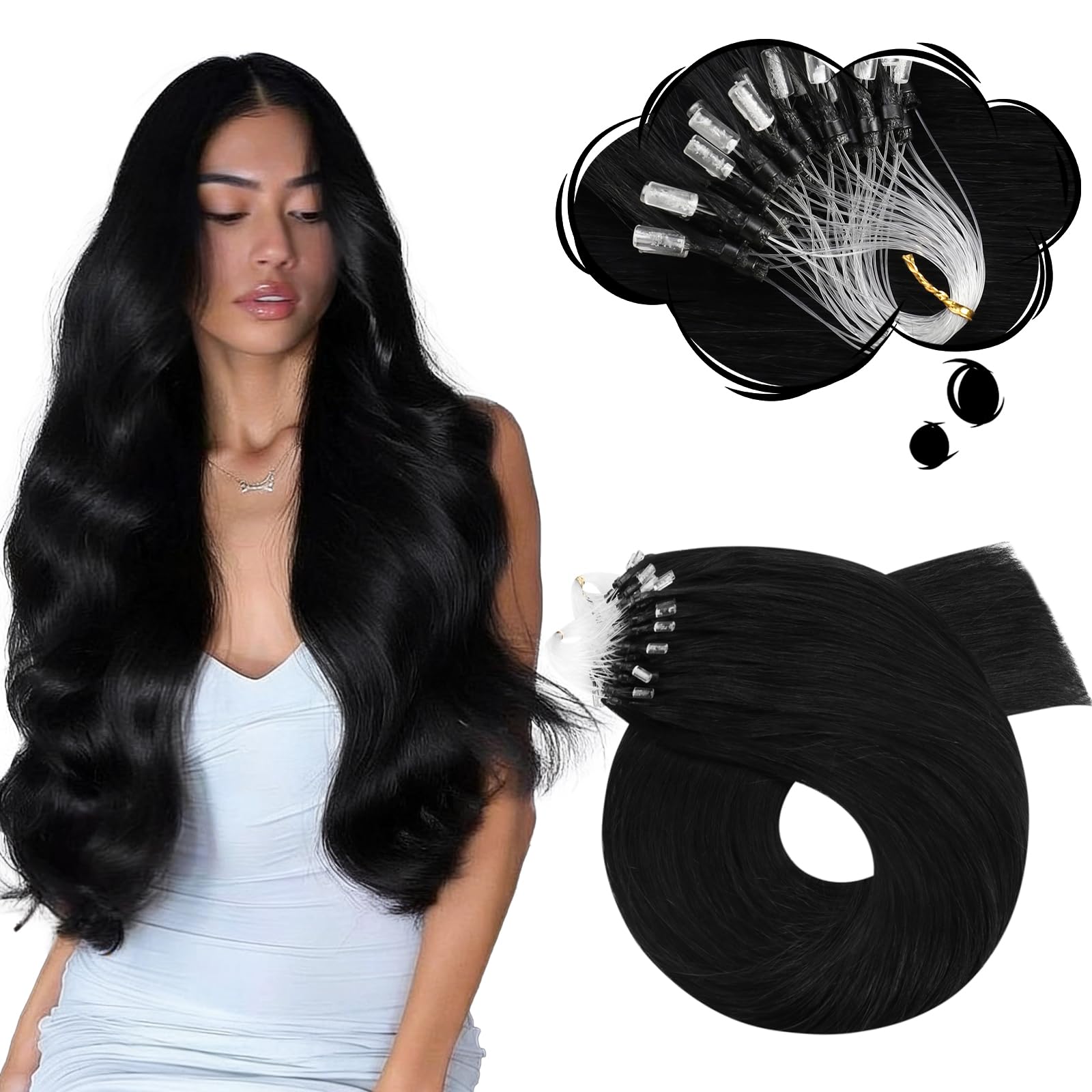 Moresoo Micro Ring Hair Extensions Black Microloop Hair Extensions Real Human Hair Jet Black Micro Beads Hair Extensions 1g/s 50g/Pack 22 Inch #1 — image 1