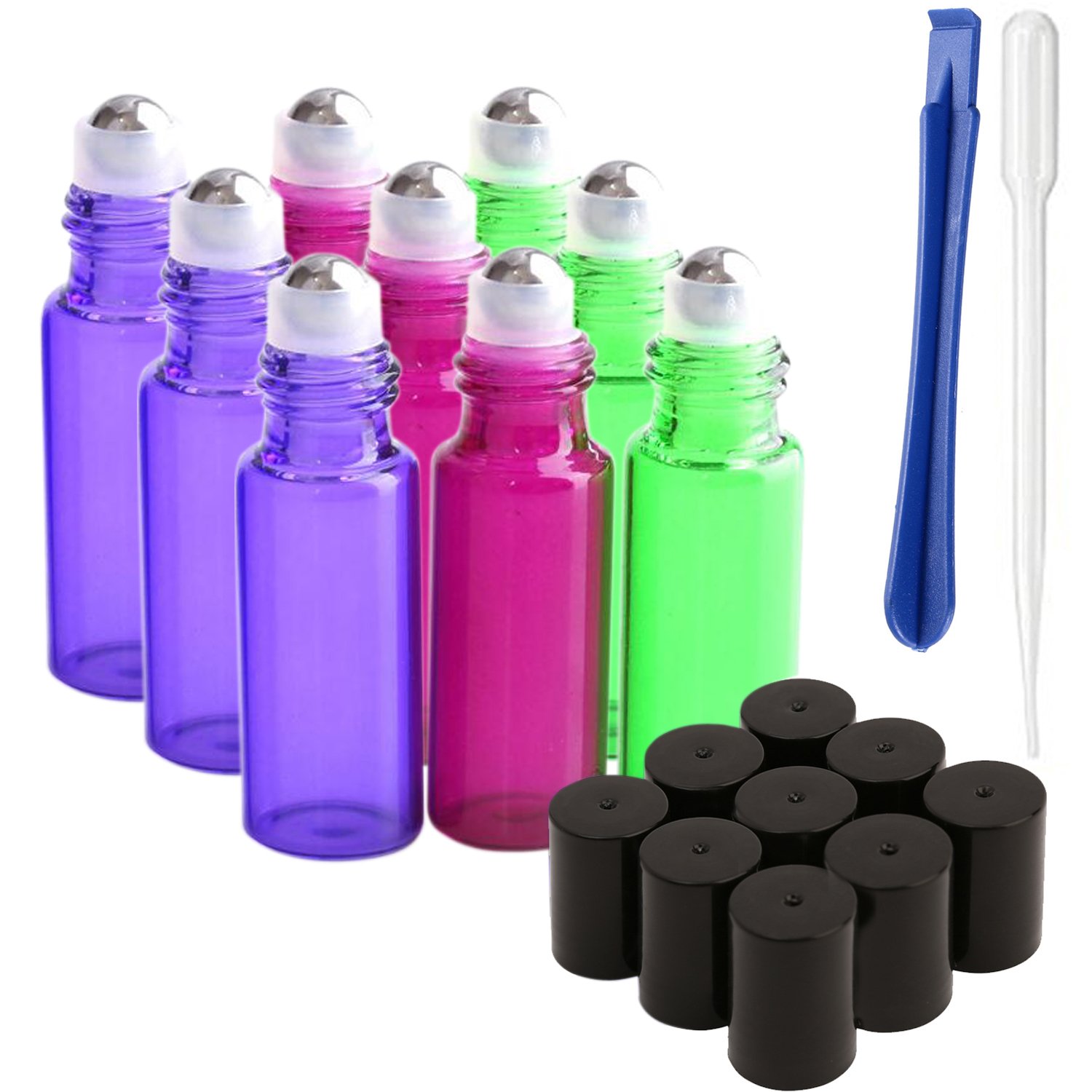 JamHooDirect 9Pcs, 5ml Multicolored Glass Essential Oils Roller Bottles with Stainless Steel Roller Ball - Refillable with Lid Opener, Great for Aromatherapy, Perfumes and Lip Balms