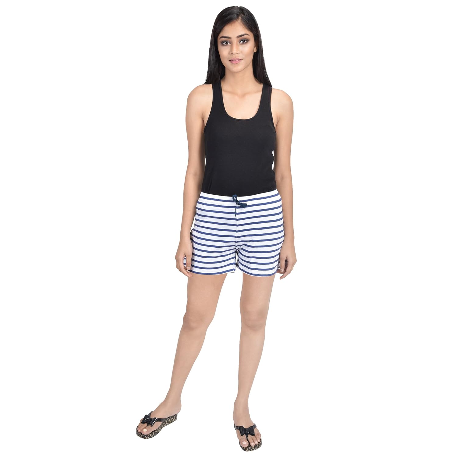 a9- women printed white, dark blue shorts - pack of 2