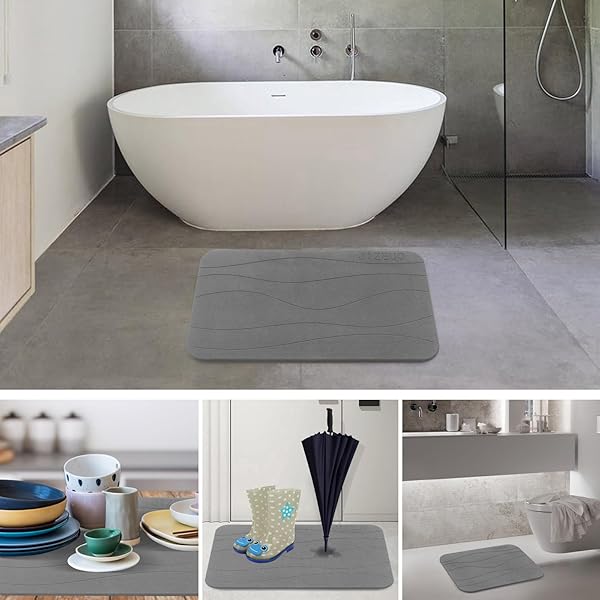 JIZEUO STONE BATH MAT, SET OF 3,DIATOMACEOUS EARTH SHOWER MAT, NON-SLIP SUPER ABSORBENT QUICK DRYING BATH MAT FOR BATHROOM FLOOR, GREY